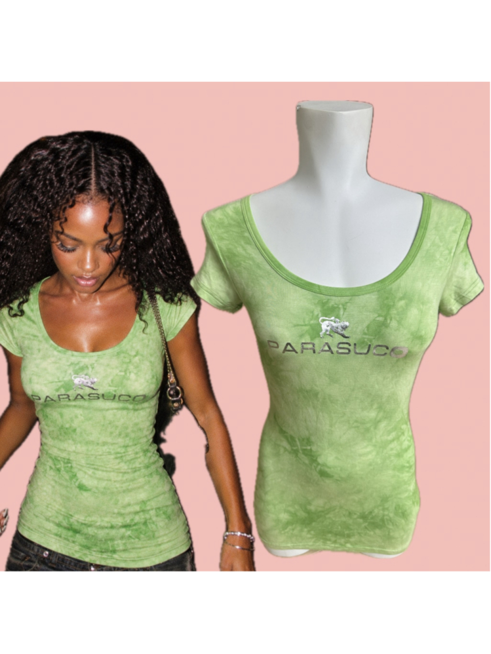 Parasuco Lime Green Tie-Dye Logo Top Y2K Deadstock NWT Size S